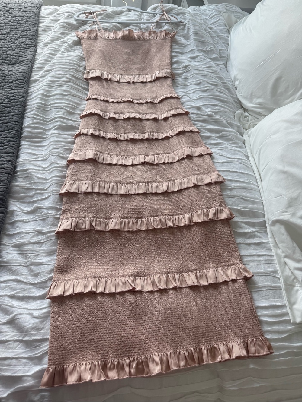 V. Chapman Pink Ruffle-Tiered Smocked Maxi Dress